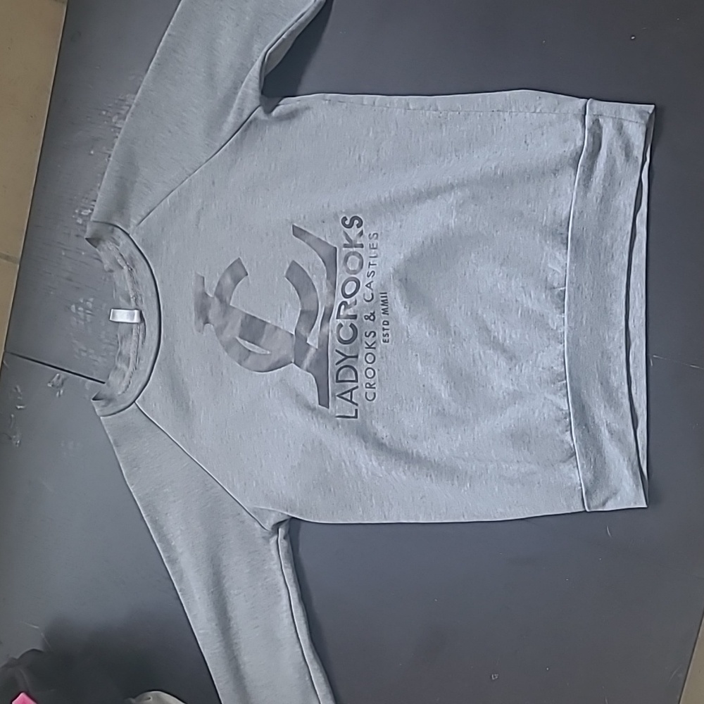 Lady Crooks Crooks and Catles Sweater, Grey on Grey writing. Sz. Sm
